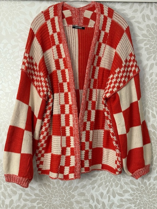 BTFBM Sweaters - BTFBM Women’s L Boho Eclectic Orange Checkerboard Oversized Cardigan Sweater